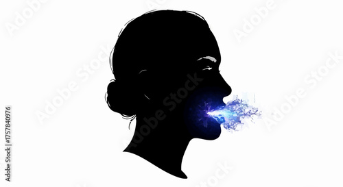 Silhouette of a woman's head exhaling blue light and energy, symbolizing creativity and ideas.