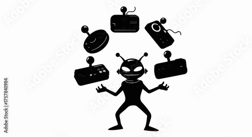 Playful alien character skillfully juggles multiple video game controllers, embracing digital entertainment.