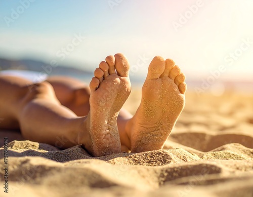Bare feet relaxing on sandy beach.  Sunny day