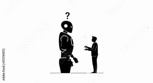 Human confused by towering robot with question mark overhead, concept of artificial intelligence and uncertainty.