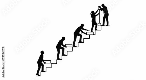 Silhouettes of people ascending stairs together, symbolizing teamwork and progress towards a shared goal.