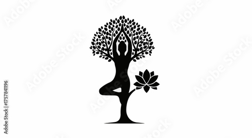 Silhouette of a person in tree pose integrated with a stylized tree and lotus flower, symbolizing balance and nature.