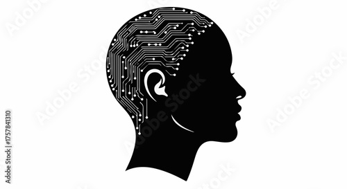 Silhouette of a person's head with a circuit board pattern inside representing artificial intelligence and technology