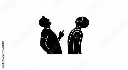 Man points towards a futuristic robot head with 'AI' marking, symbolizing human interaction with artificial intelligence.