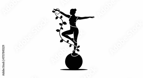 Graceful dancer silhouette entwined with vines on a balancing sphere, symbolizing harmony and nature.