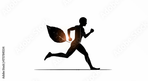 Runner with a leaf as a wing, symbolizing eco-friendly movement and nature.