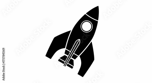 Sleek black rocket launching upwards against a white background, symbolizing innovation and exploration.