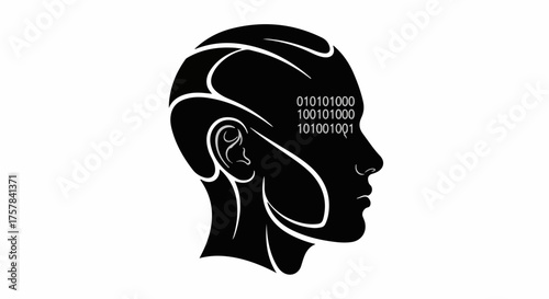 Futuristic digital mind with binary code flowing through its silhouette, representing artificial intelligence.