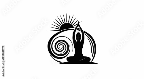 Serene silhouette of a person in yoga pose with sun and swirling design symbolizing balance and peace