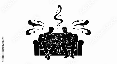 Loving couple shares a tender moment with their child and pet on a cozy sofa.
