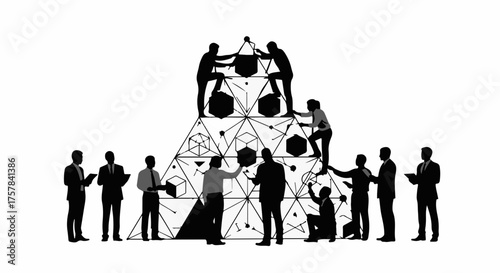 Diverse team collaborates to build a complex geometric structure, symbolizing innovation and teamwork.