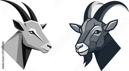 Geometric Horned Animal Head Profiles in Grayscale Vector Style