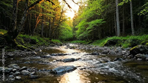 Serene cinematic view of a tranquil forest river flowing gently over smooth rocks during golden hour light clean, water, tranquil