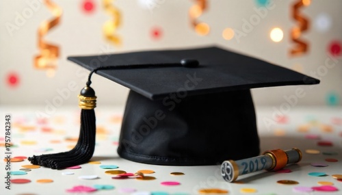 Graduation Day Decor and Ambience A dynamic and celebratory arrangement of graduation themed decorations. A black graduation cap with a dangling tassel, colorful confetti, and shimmering streamers