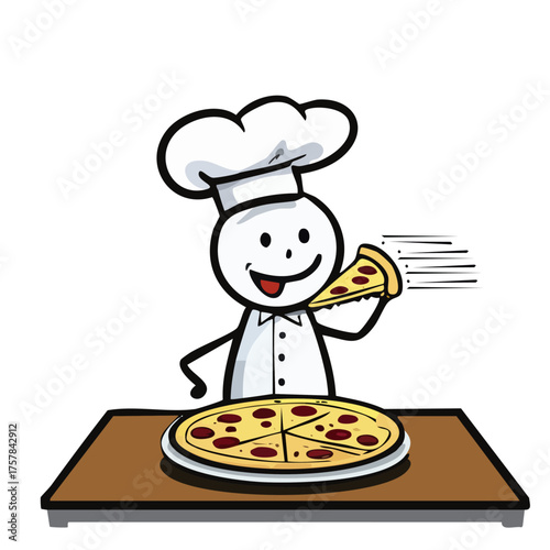 A cartoon chef holding a slice of pizza 