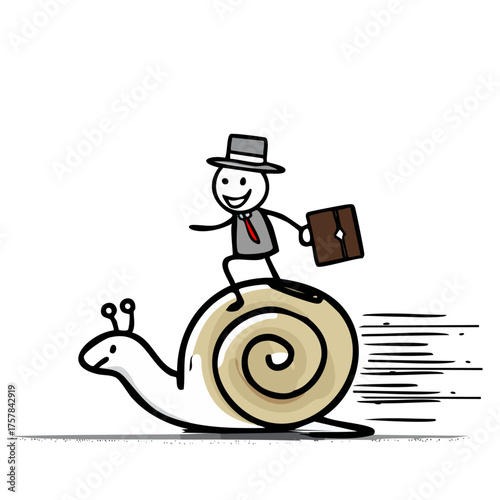 A humorous illustration of a businessman riding on a snail, possibly symbolizing a slow pace of work or progress. The businessman is smiling and carrying a briefcase.