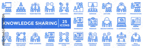 Knowledge Sharing icon collection set. containing learning, training, coaching, mentoring, and knowledge exchange. Ideal for education, teamwork, online learning, and corporate training visuals.