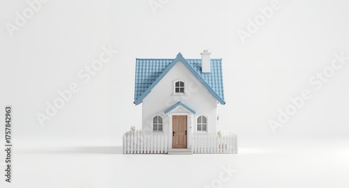 A Charming Miniature House with a Blue Roof and White Picket Fence