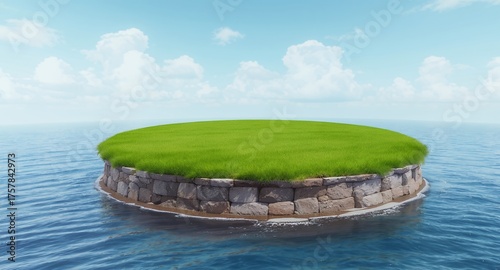 A Circular Island with Lush Green Grass and Stone Walls Surrounded by Ocean Waves