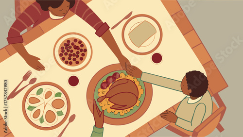Thanksgiving dinner family gathering illustration with turkey and sides for celebration event holiday feast