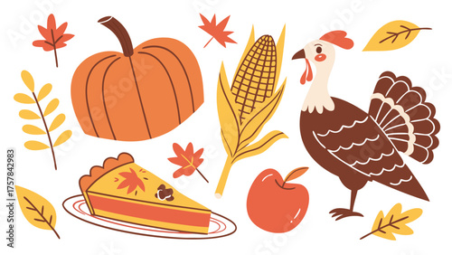 Thanksgiving clip art vector illustration with turkey pumpkin pie corn and leaves for holiday design