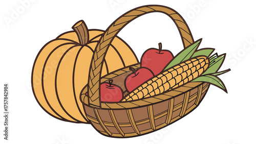 Harvest basket with pumpkin apples and corn vector illustration for thanksgiving and fall season 100