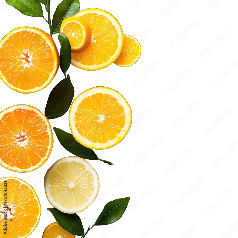 Obraz premium Slices of oranges and lemons with green leaves cascading down a black background. The citrus fruits are vibrant and juicy