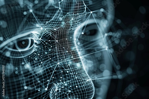 Digital representation of a human face with intricate network connections and glowing elements showcasing technology in design