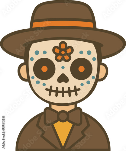 Mexican boy catrina with skull face and hat illustration