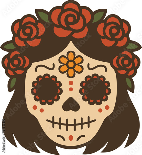 Elegant Mexican woman Catrina with flowers and makeup