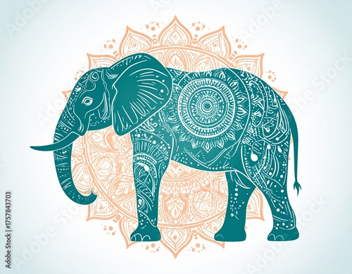 Ornate Teal Elephant with Intricate Patterns Standing Before a Peach Mandala