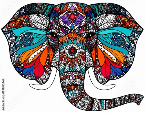 Colorful Elephant Head Mandala Art, Detailed Pattern, White Background.
