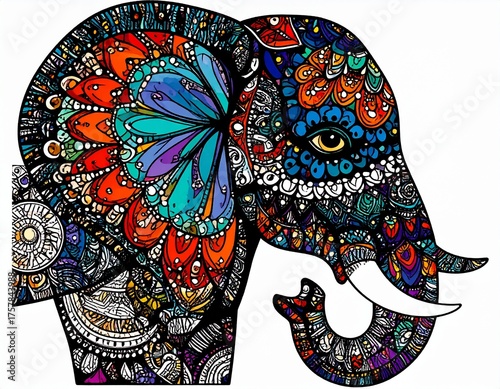 Ornate Elephant Illustration with Mandala and Floral Patterns in Vibrant Colors