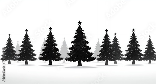 A Row of Silhouette Christmas Trees with Stars on White Background