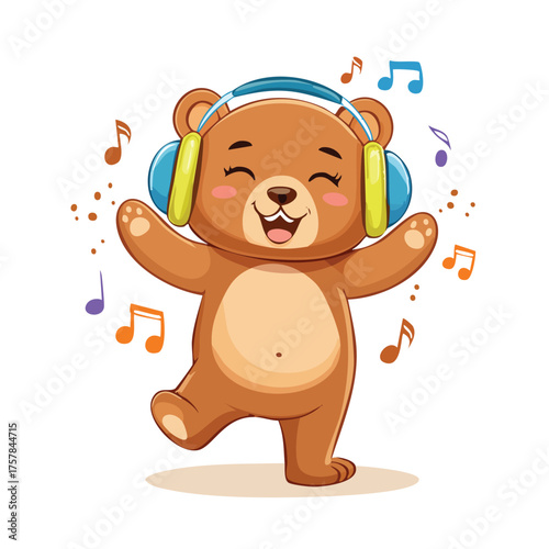 Joyful bear listens dances to music