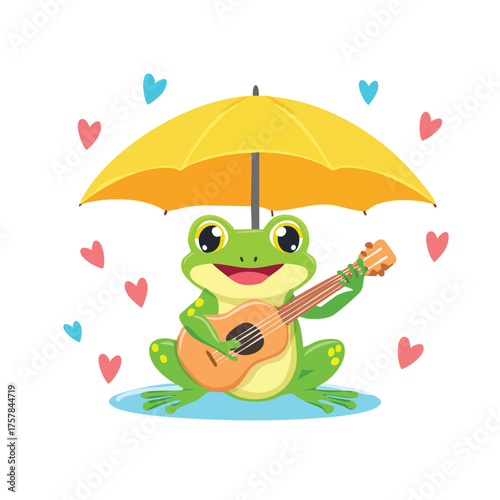 Cheerful frog serenades under sunny yellow umbrella