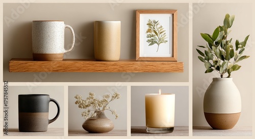 Modern Minimalist Decorative Items on Simple Shelves with Natural Elements