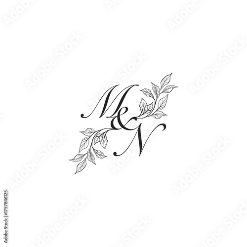 caligraphic style monogram luxury black logo design MN wedding initial concept alphabet letter