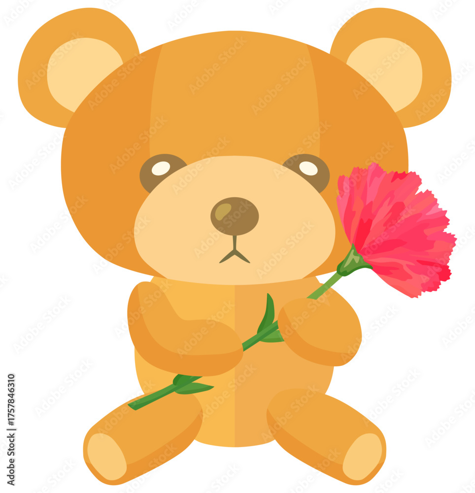 Obraz premium カーネーションを持ったクマのぬいぐるみのイラスト ベクター素材