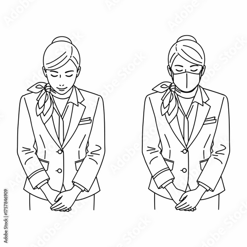 Female Staff Bowing in Uniform with and without Face Mask (Set)