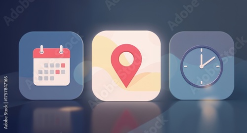 Calendar, Map Pin, and Clock Icons, Digital Organization and Time Management Symbols