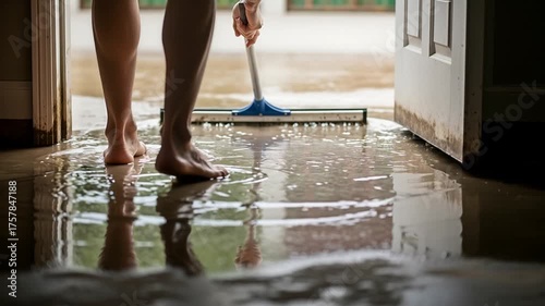 Person Using Squeegee to Push Floodwater Out of a Home