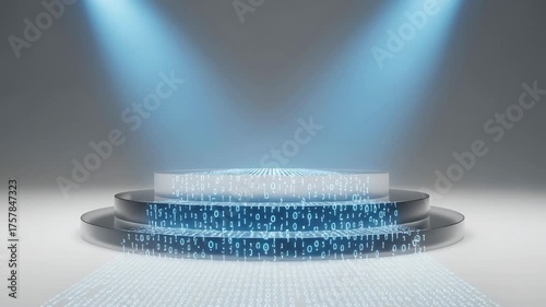 Digital Data Flowing over a Futuristic Podium with Blue Spotlights
