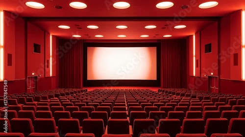 Empty Red Cinema Hall with Illuminated Screen and Rows of Seats