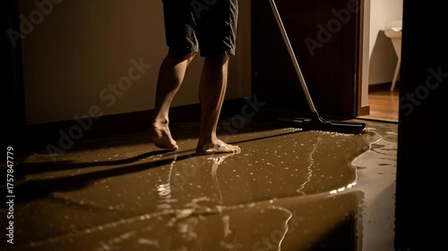 Man Pushing Muddy Floodwater Across a Dark Room Floor with Squeegee