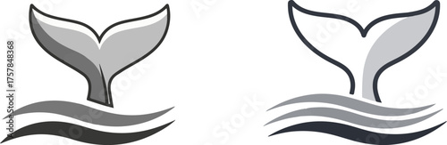 Simple Grayscale Whale Tail Icon with Layered Ocean Waves Design
