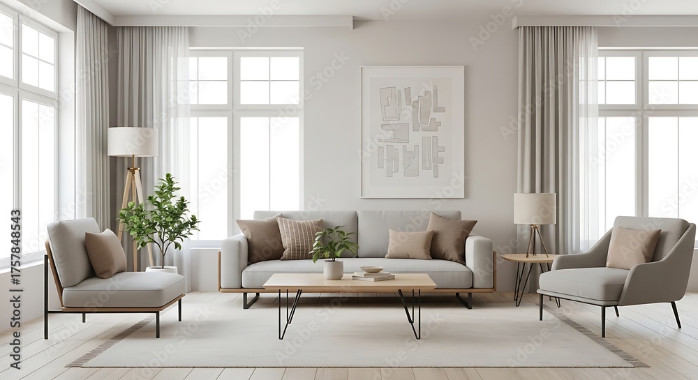 Fototapeta premium Cozy Living Room Interior with Neutral Tones and Minimalist Decor for Relaxing Home Design