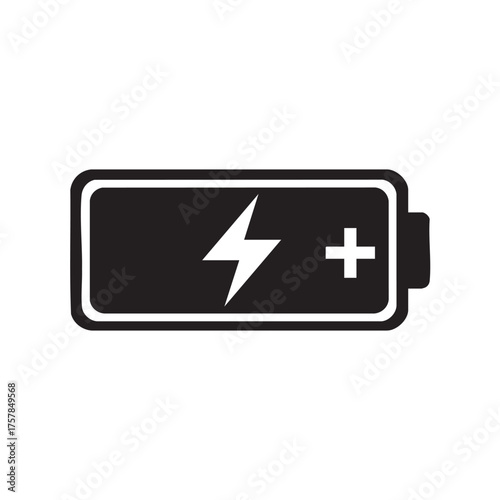 Black Battery Icon with Lightning Bolt and Plus Symbol