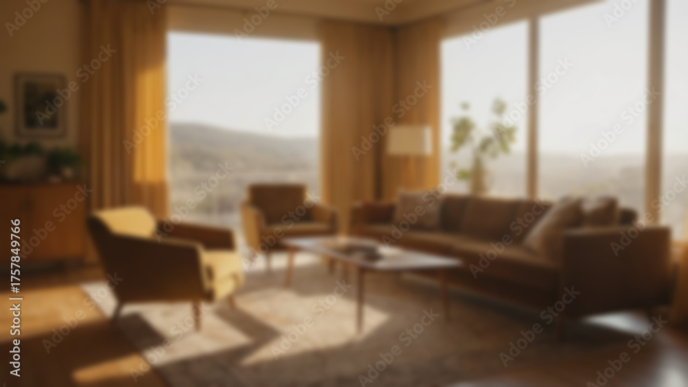 Fototapeta premium background blurred Modern living room, high-ceilinged space with mid-century modern furniture and velvet couch, floor-to-ceiling window with curtain fluttering, golden hour, warm sunlight casting shad