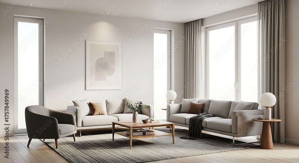 Fototapeta premium Cozy Living Room Interior with Neutral Tones and Modern Furniture